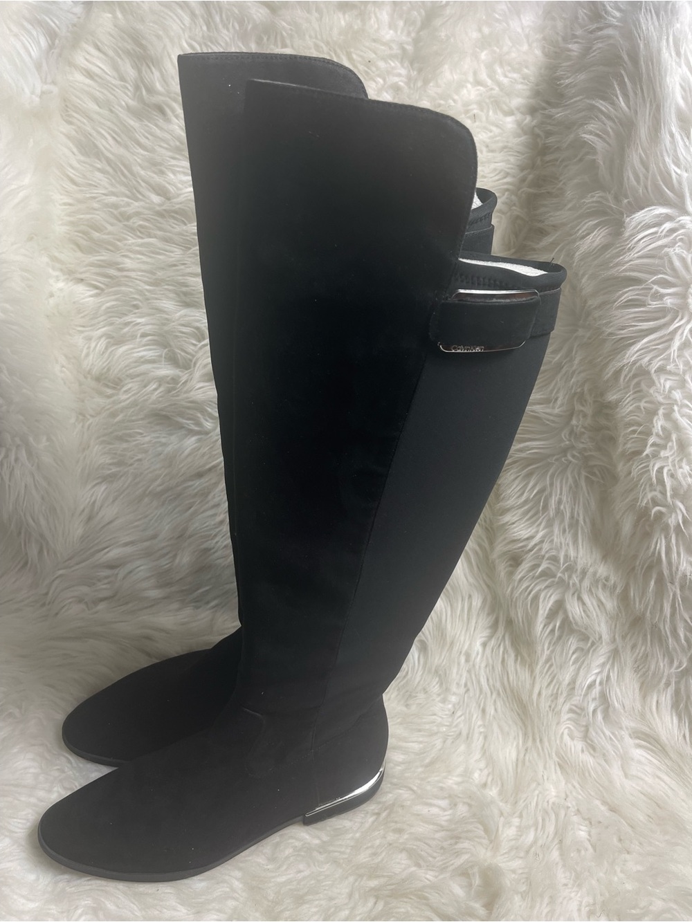 Calvin Klein synthetic suede over the knee boots SZ10 silver accent side zipper